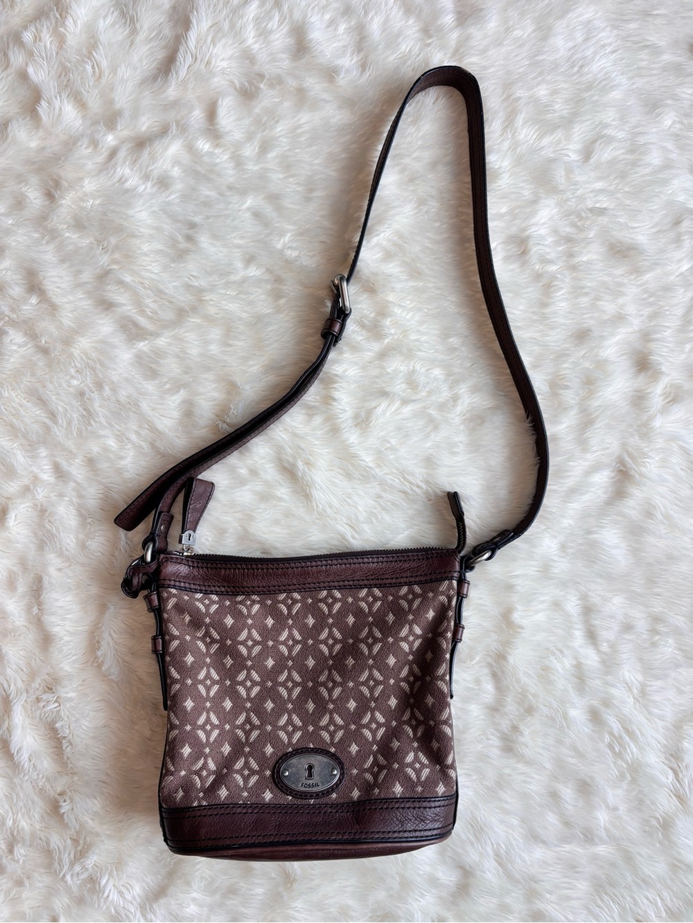 Fossil Maddox Brown Crossbody Geometric Jacquard Canvas & Leather Trim Bag